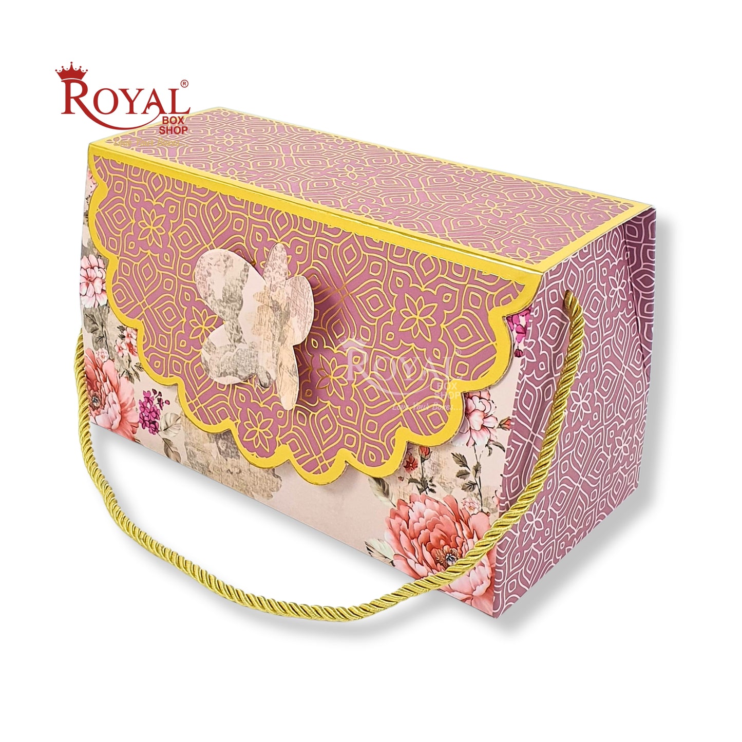 Premium Gift Hamper Bags with Transparent Lid I 10 x 10 x 3.5 inches I Grey Golden Flower I Christmas Gifting, Party Gifts, Return favor Gifting