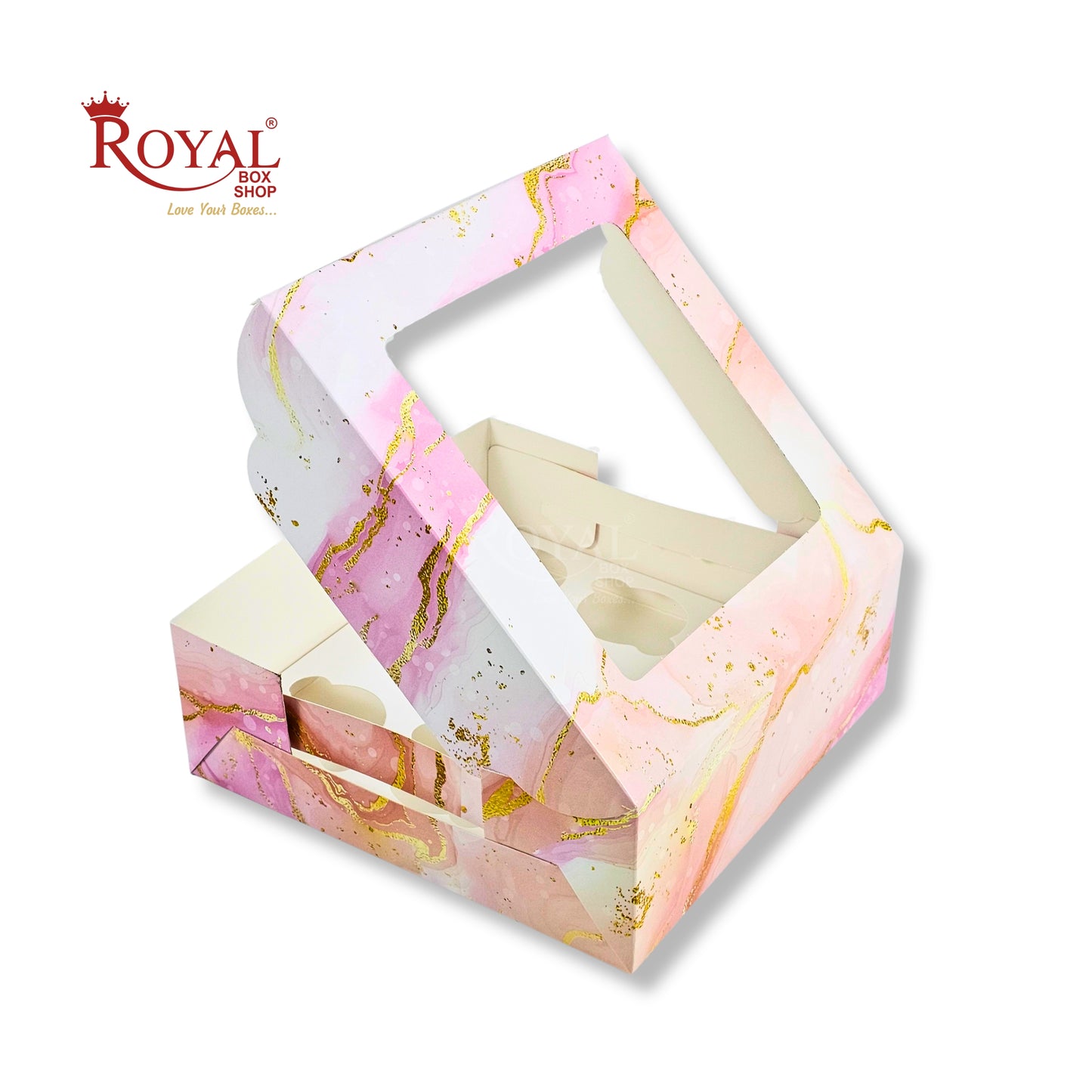 9pc Cupcake Boxes with Window | 10x10x3.5 Inch | Pink Marble Print | FBB