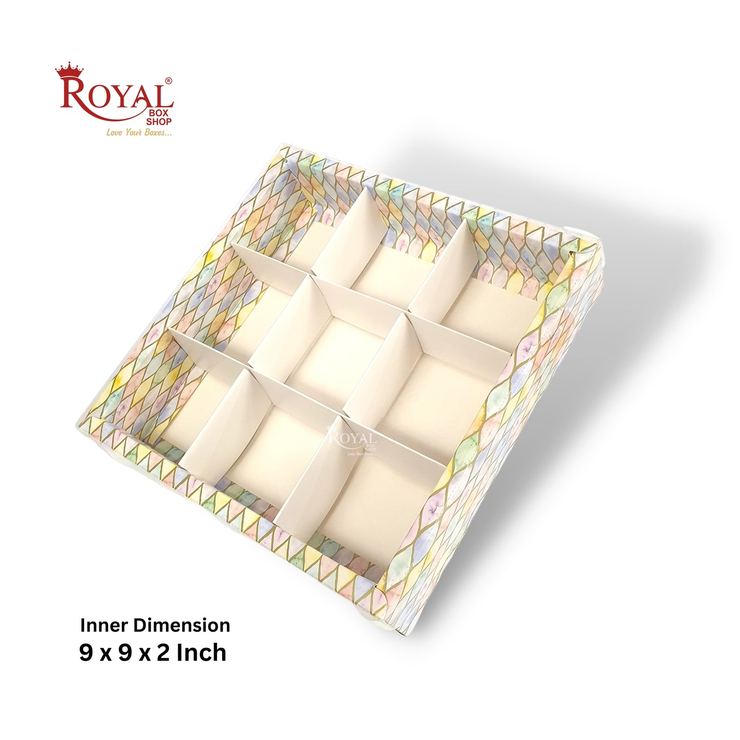 9pc Brownie Hamper Box with Transparent Lid I Multicolor I 9"x9"x2" inches I For Christmas Gift , Wedding Return Gifts, New Year Gifting Royal Box Shop