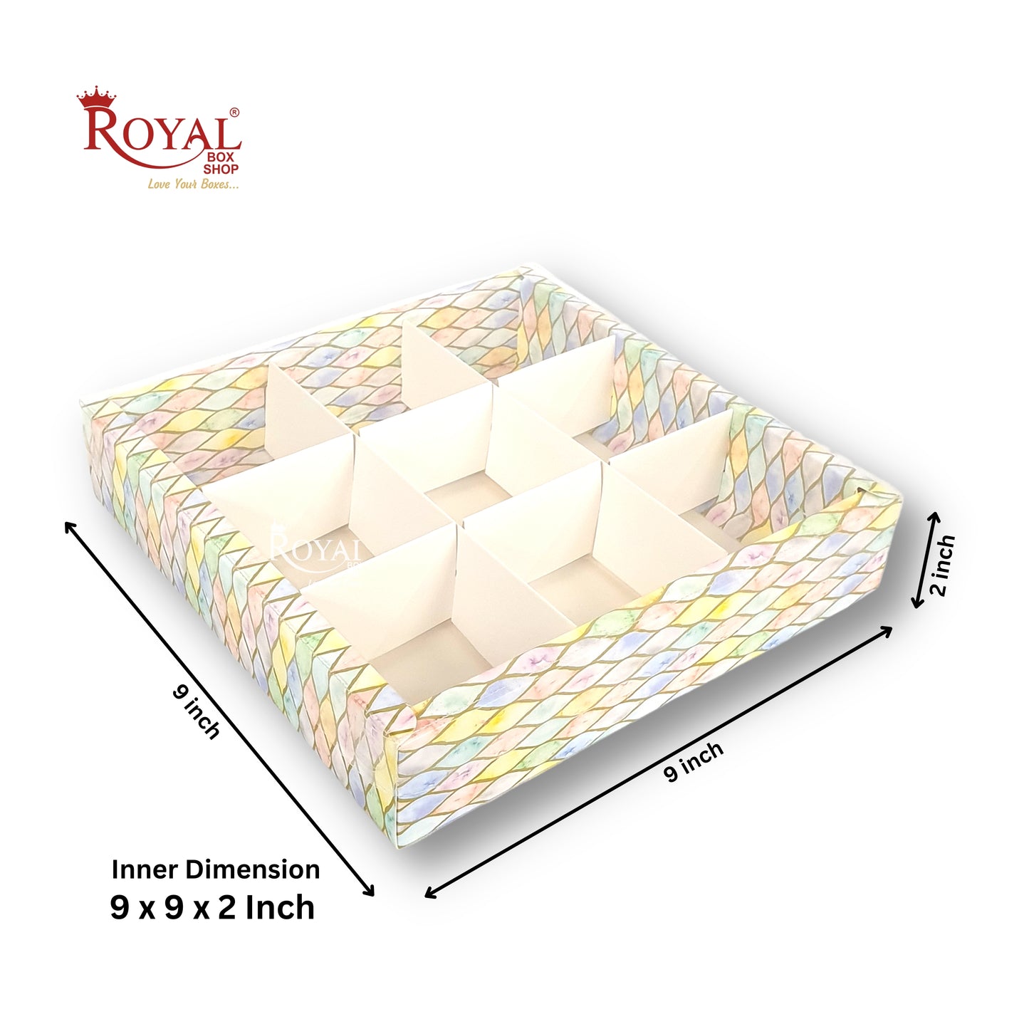9pc Brownie Hamper Box with Transparent Lid I Multicolor I 9"x9"x2" inches I For Christmas Gift , Wedding Return Gifts, New Year Gifting Royal Box Shop