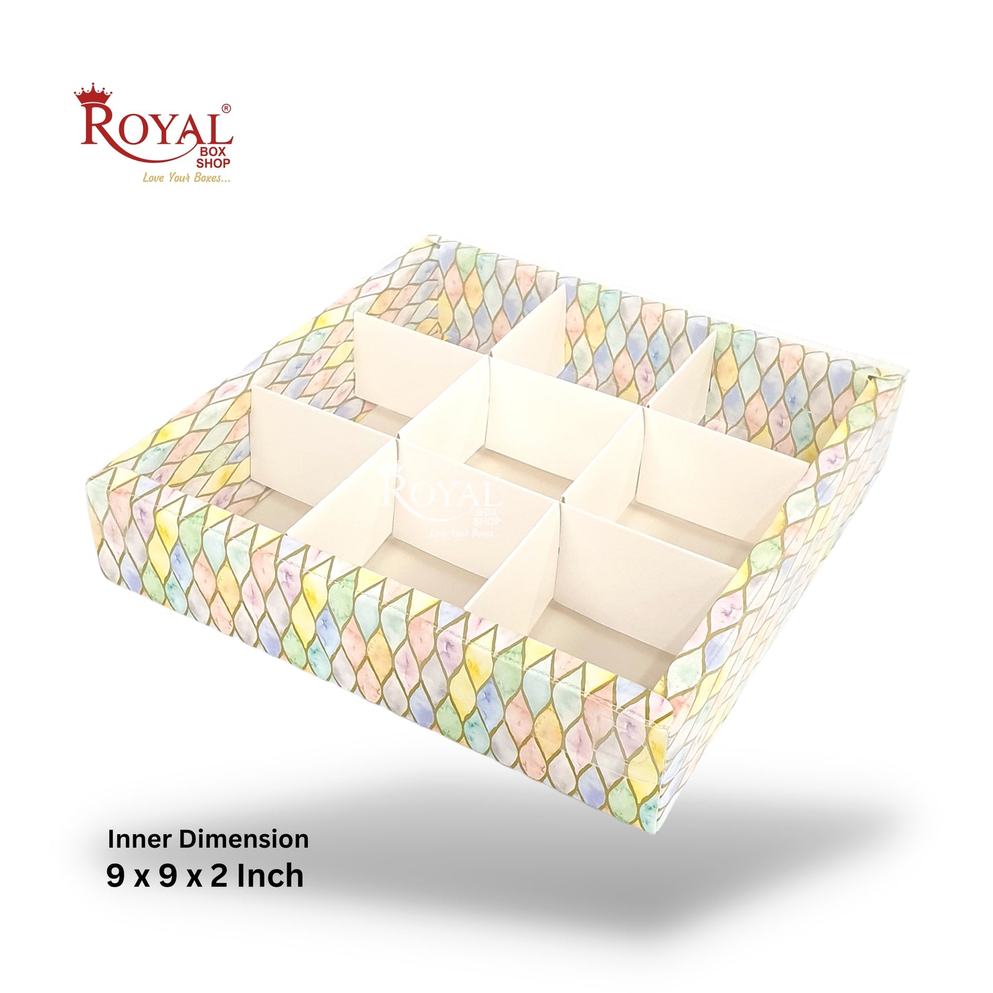 9pc Brownie Hamper Box with Transparent Lid I Multicolor I 9"x9"x2" inches I For Christmas Gift , Wedding Return Gifts, New Year Gifting Royal Box Shop