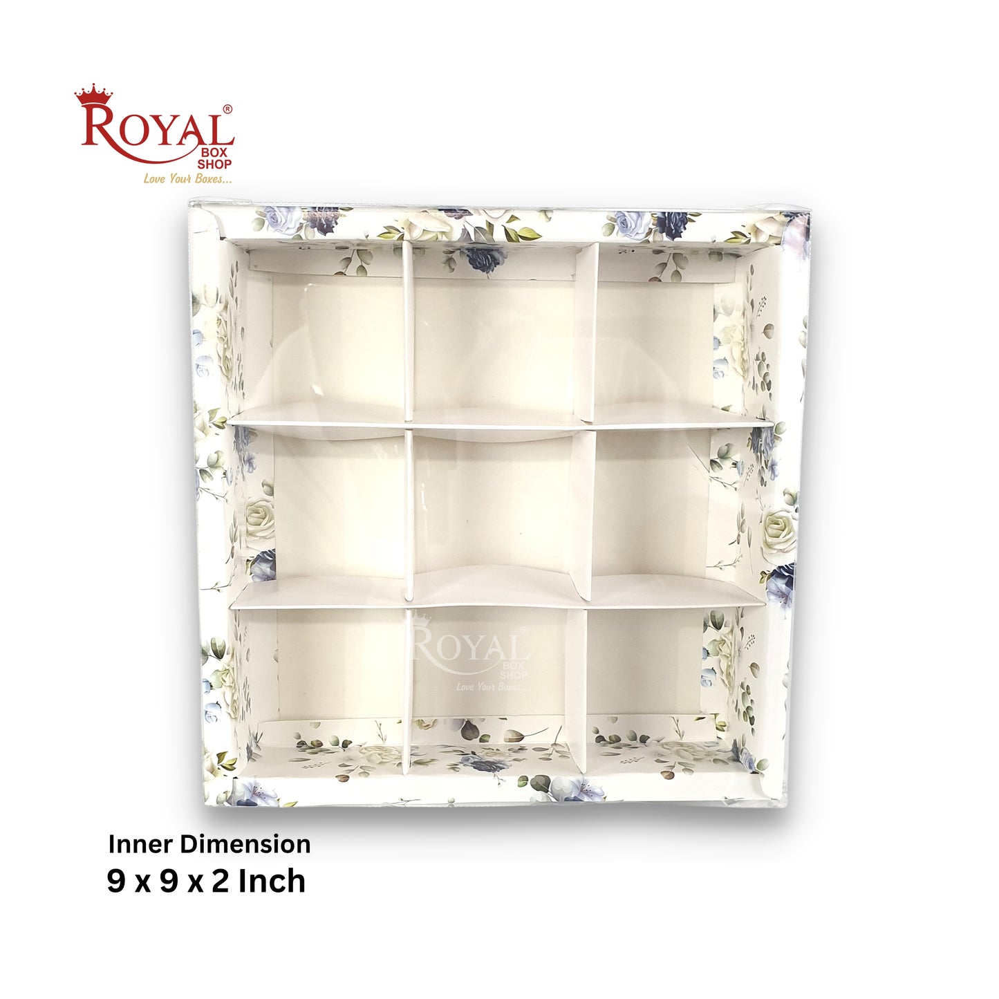 9pc Brownie Hamper Box with Transparent Lid I White Floral I 9"x9"x2" inches I For Christmas Gift , Wedding Return Gifts, New Year Gifting Royal Box Shop