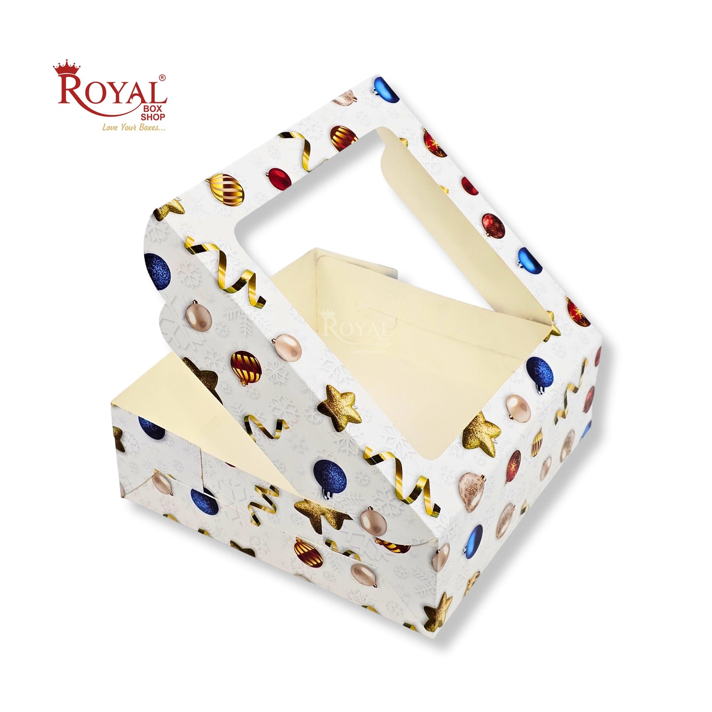 Christmas Theme Dry Cake Box With Window | 9x9x3 inch | White | For Cakes, Dry Cakes, Chocolates, Cookies, Muffins