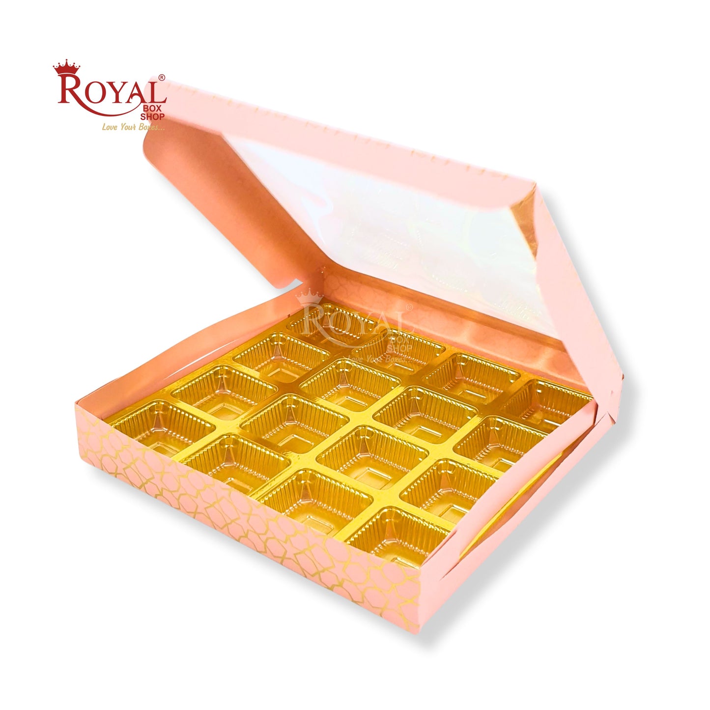 16 Cavity Chocolate Boxes  I 7.5 x 7.5 x 1.25 inch I Pink With Golden Foiling