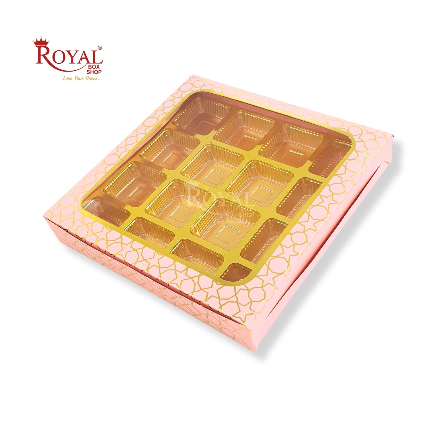 16 Cavity Chocolate Boxes  I 7.5 x 7.5 x 1.25 inch I Pink With Golden Foiling