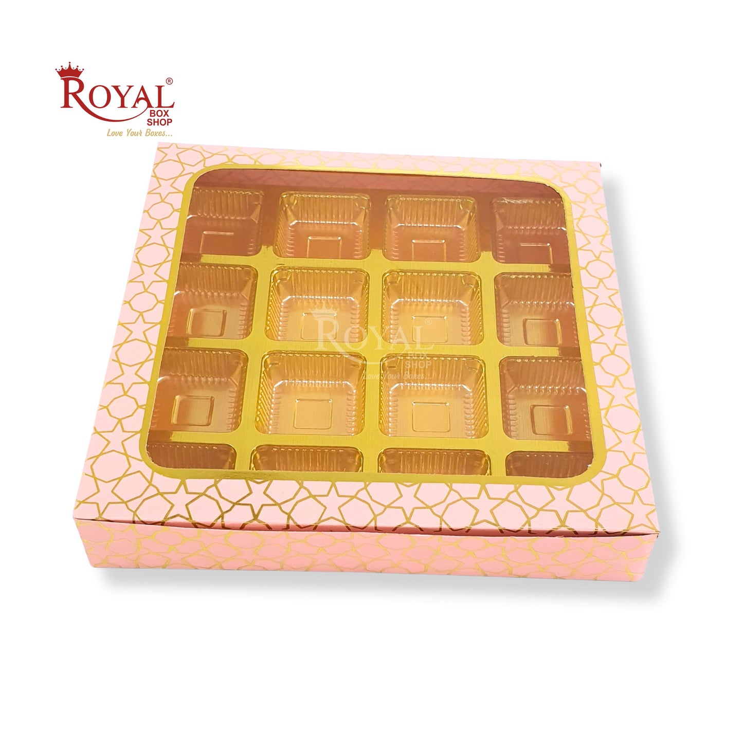 16 Cavity Chocolate Boxes  I 7.5 x 7.5 x 1.25 inch I Pink With Golden Foiling