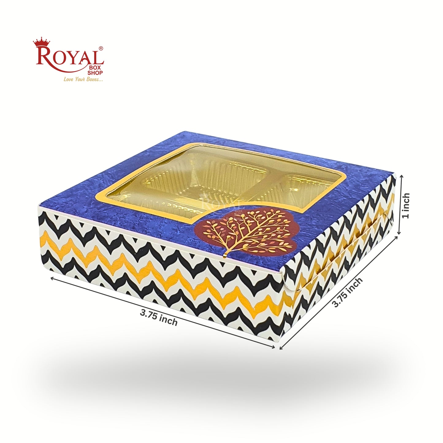 Premium 4 Cavity Gift Box for Chocolates I Festive Blue with Golden Tray & Window