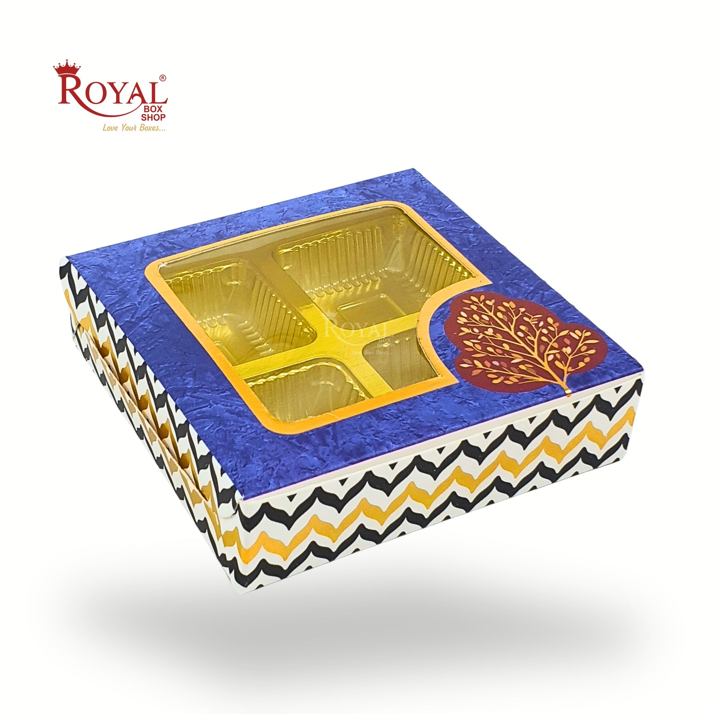 Premium 4 Cavity Gift Box for Chocolates I Festive Blue with Golden Tray & Window