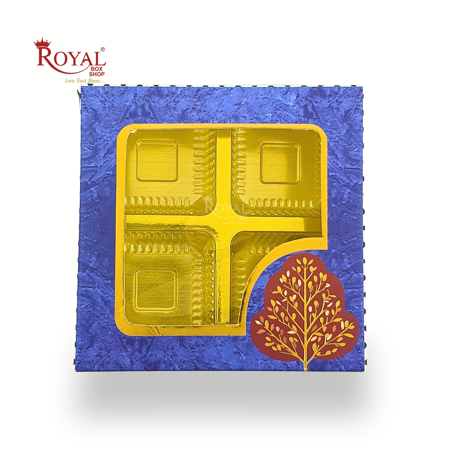 Premium 4 Cavity Gift Box for Chocolates I Festive Blue with Golden Tray & Window