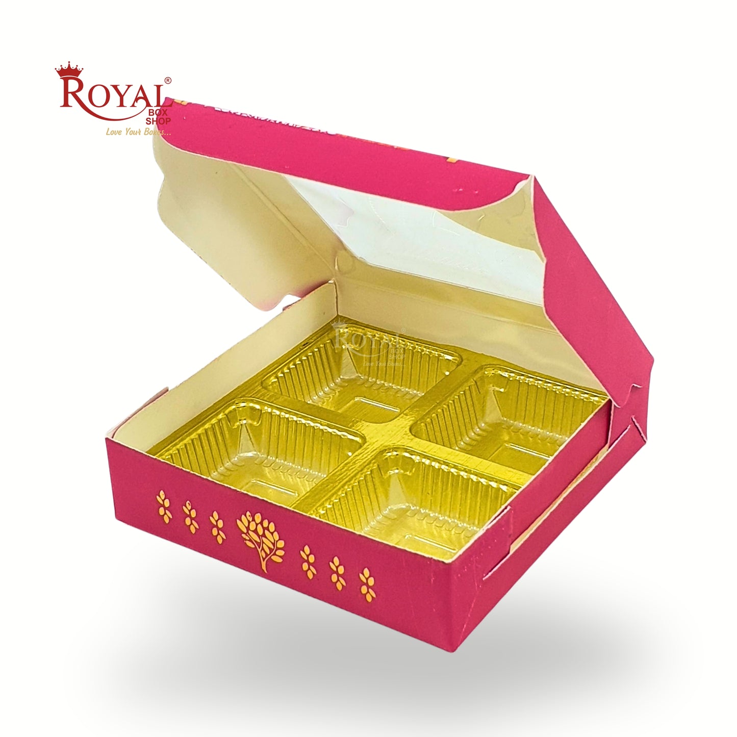 Premium 4 Chocolate Box with Golden Tray | 3.75x3.75x1 inches | Red