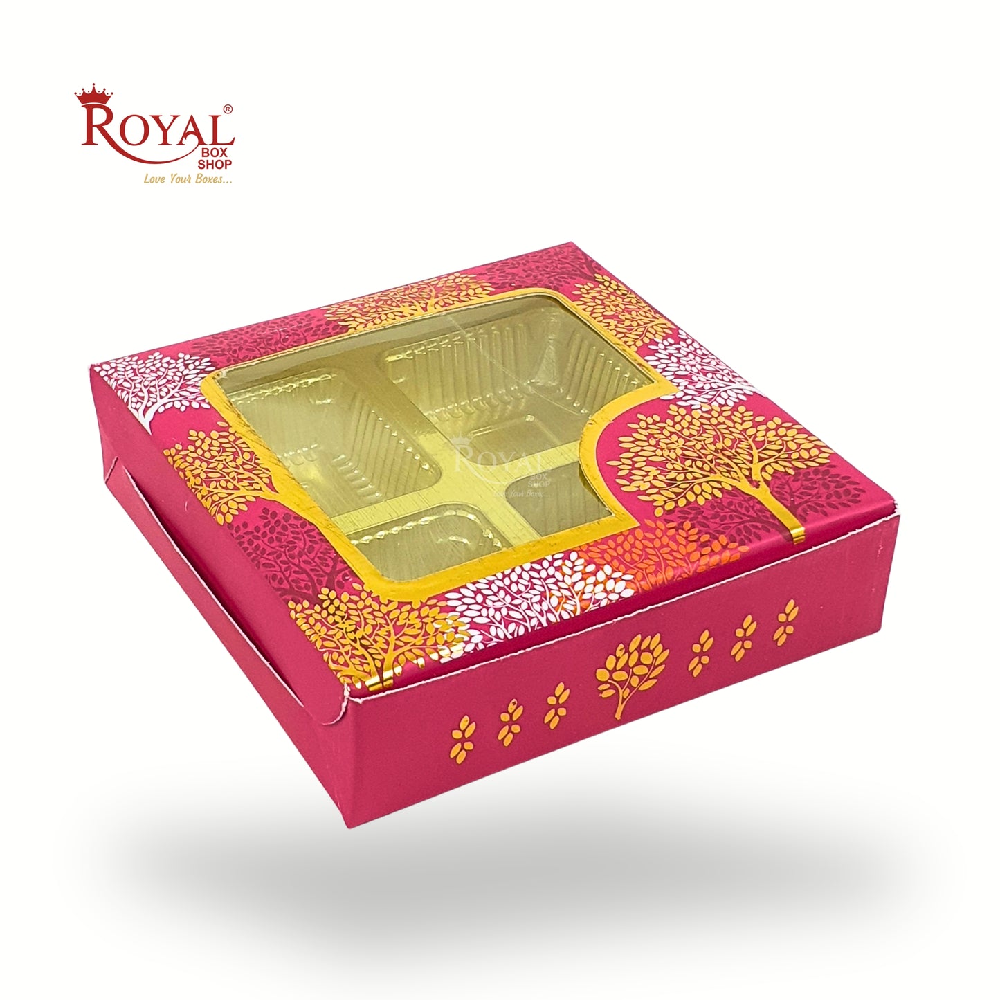Premium 4 Chocolate Box with Golden Tray | 3.75x3.75x1 inches | Red