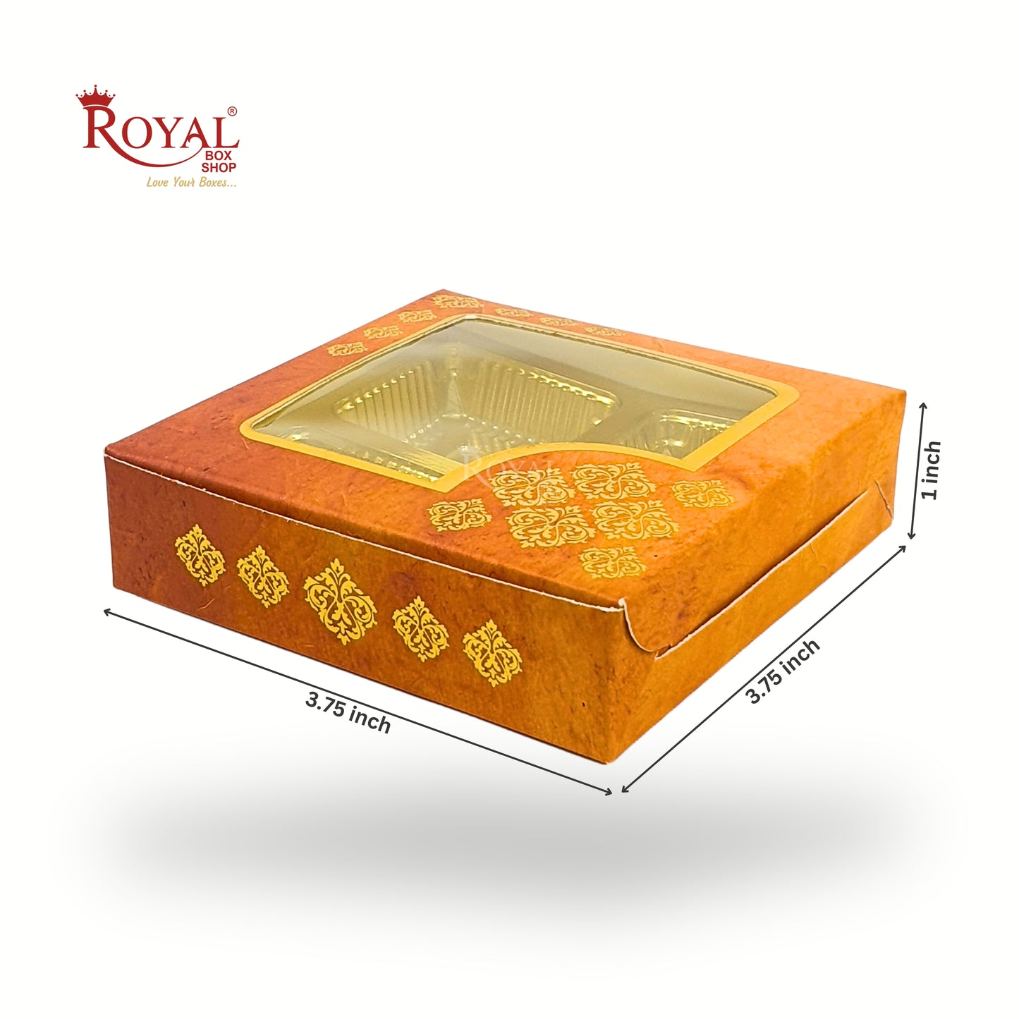 RoyalBoxShop® 4 Partition Chocolate Box – Window Lid, Golden Tray