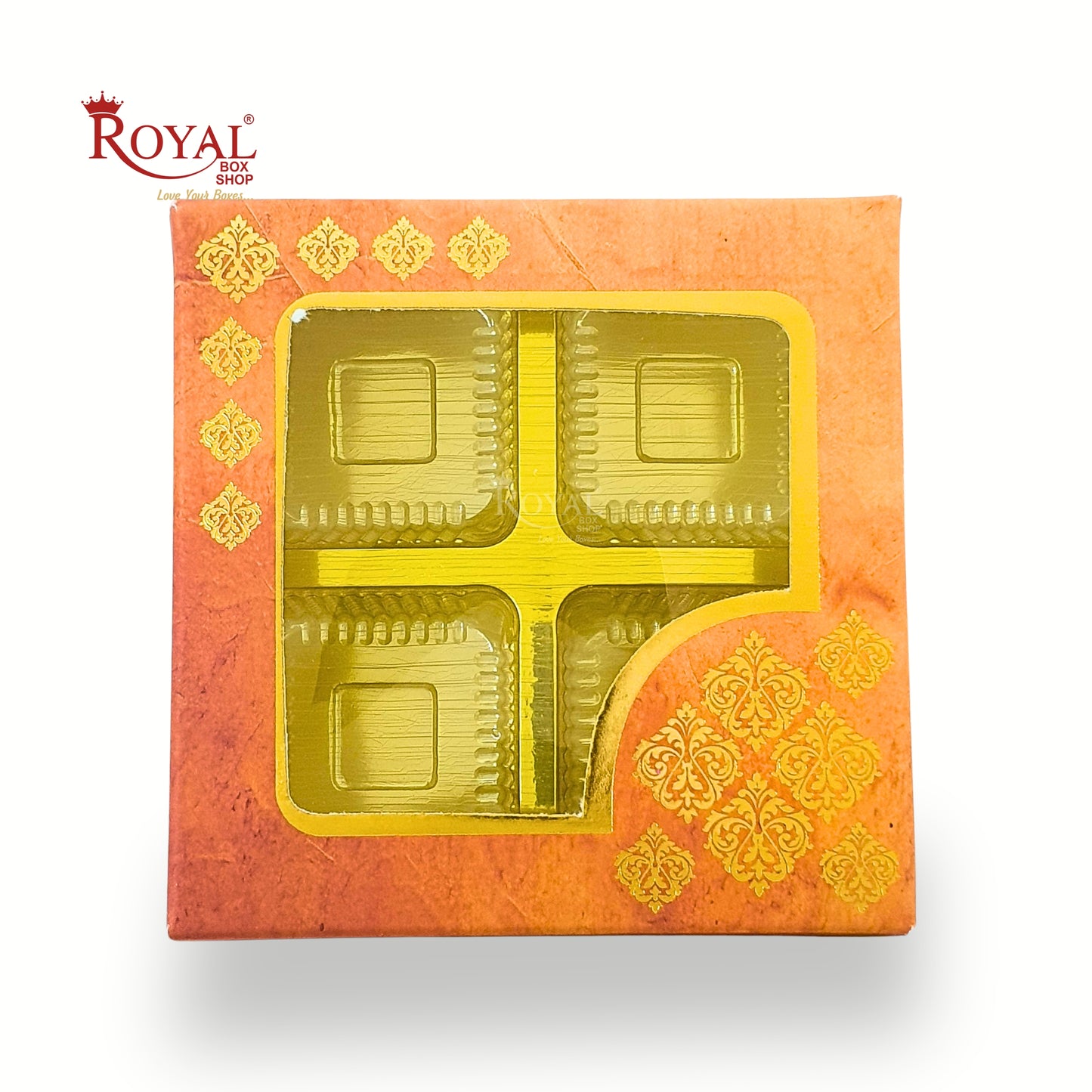 RoyalBoxShop® 4 Partition Chocolate Box – Window Lid, Golden Tray