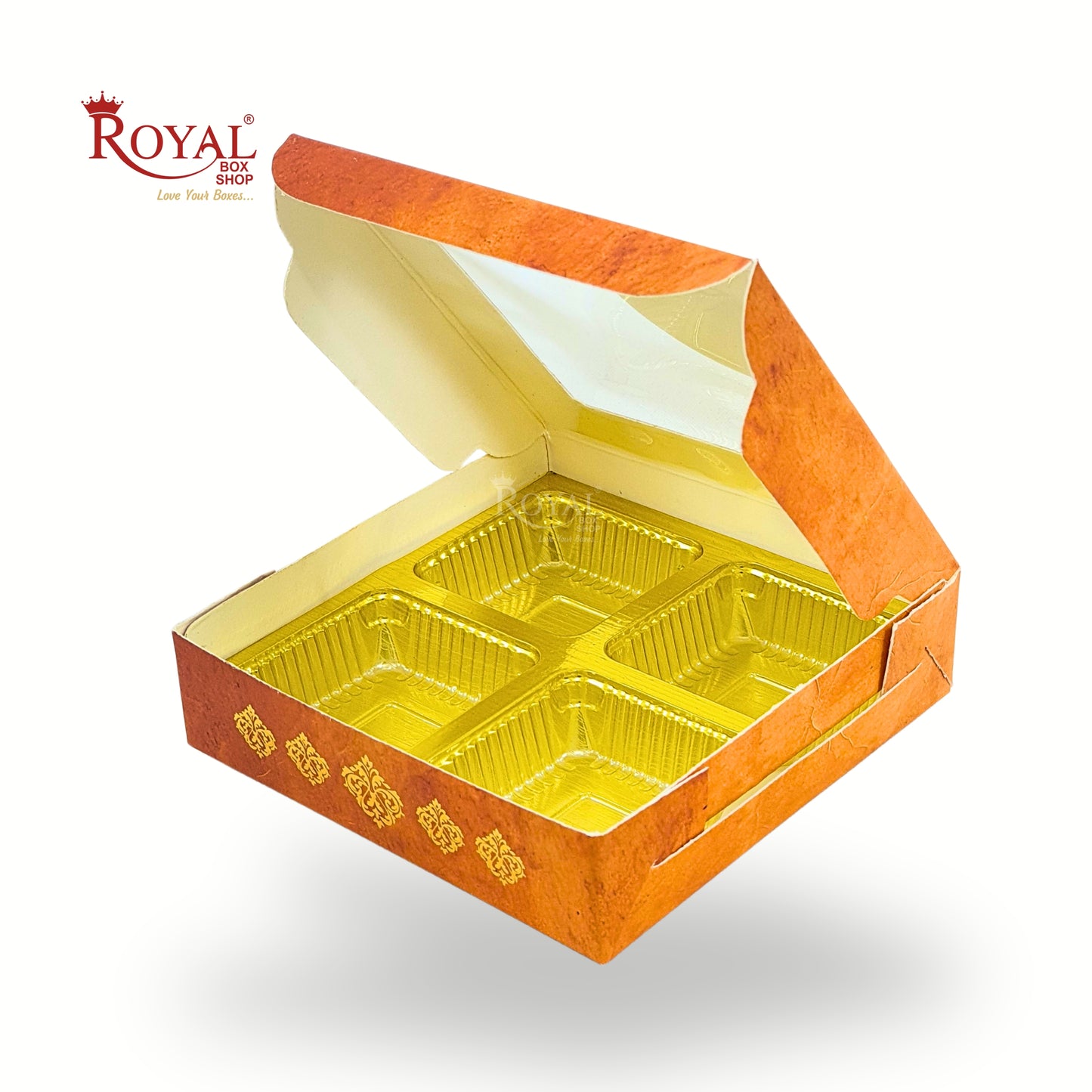 RoyalBoxShop® 4 Partition Chocolate Box – Window Lid, Golden Tray