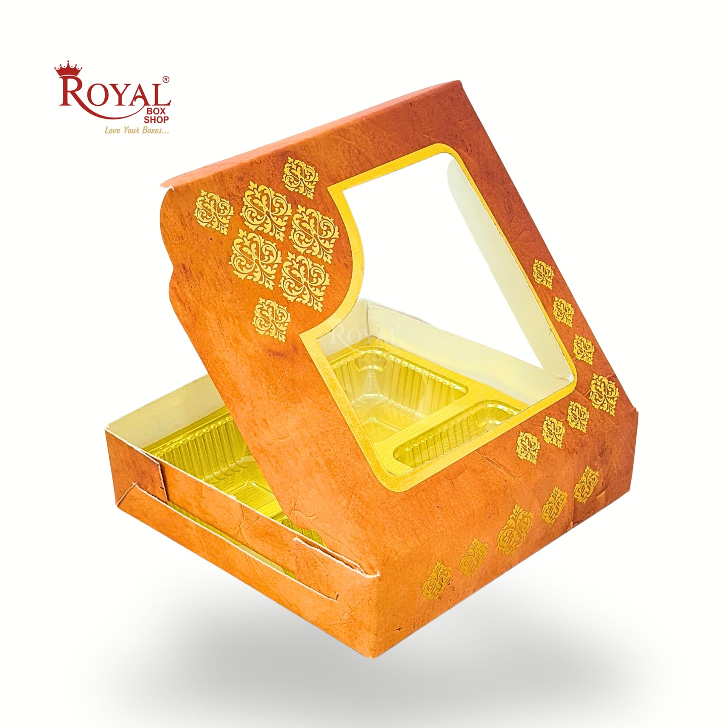 RoyalBoxShop® 4 Partition Chocolate Box – Window Lid, Golden Tray