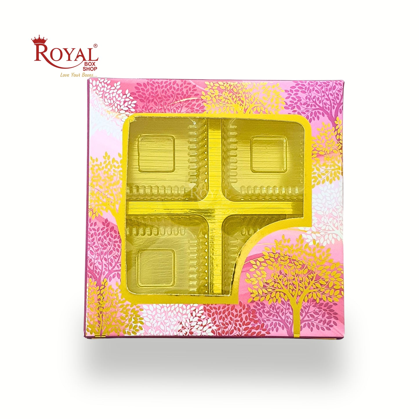 Royal Box Shop® 4 Cavity Chocolate Box with Window I Magenta Tree Print I 3.75x3.75x1 inch