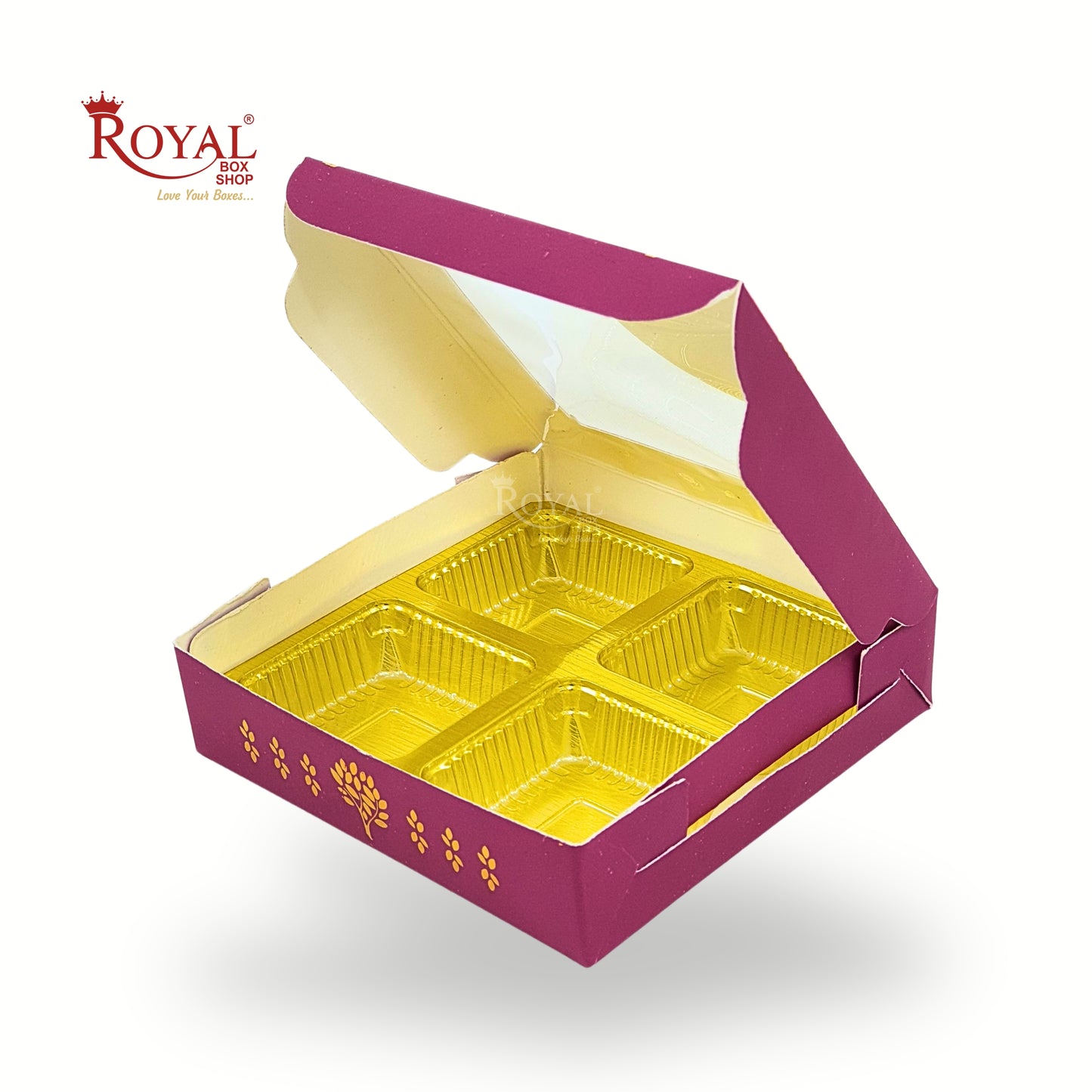 Royal Box Shop® 4 Cavity Chocolate Box with Window I Magenta Tree Print I 3.75x3.75x1 inch