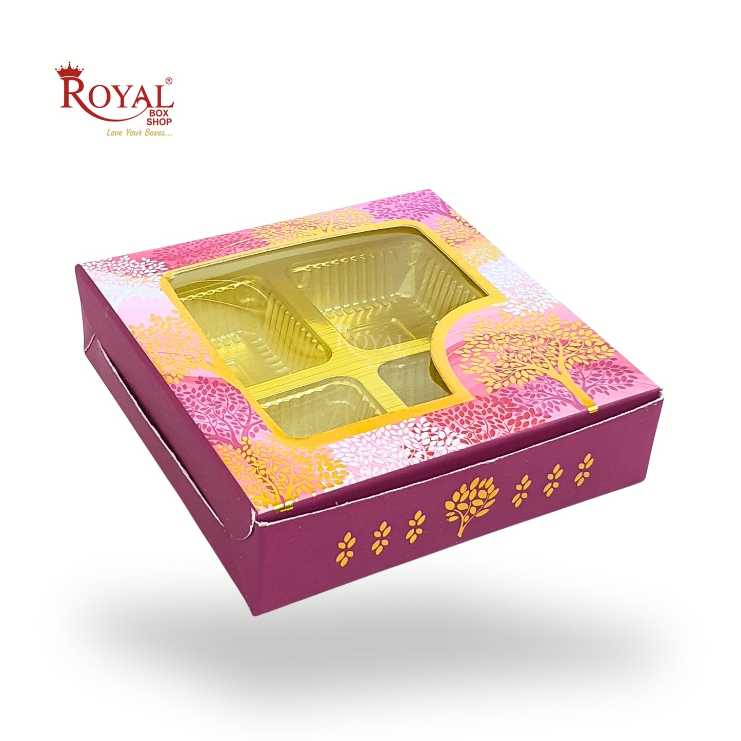 Royal Box Shop® 4 Cavity Chocolate Box with Window I Magenta Tree Print I 3.75x3.75x1 inch