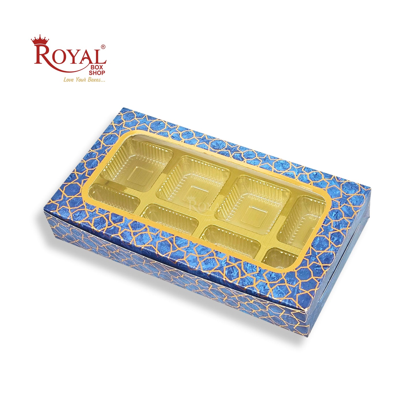 8 Cavity Chocolate Boxes | 7.5x4x1.25 inches | Blue With Golden Foiling