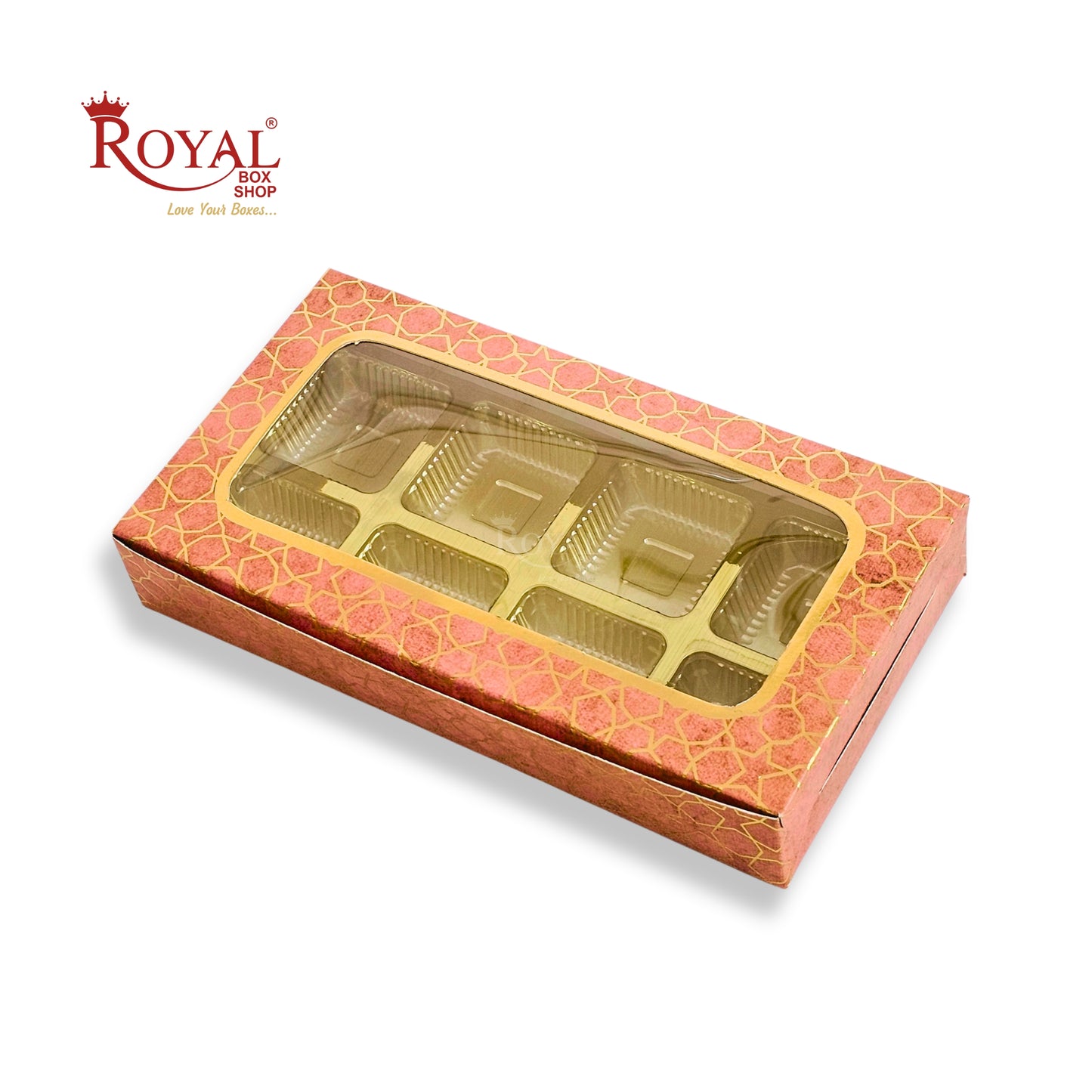 8 Cavity Chocolate Boxes | 7.5x4x1.25 inches | Peach With Golden Foiling