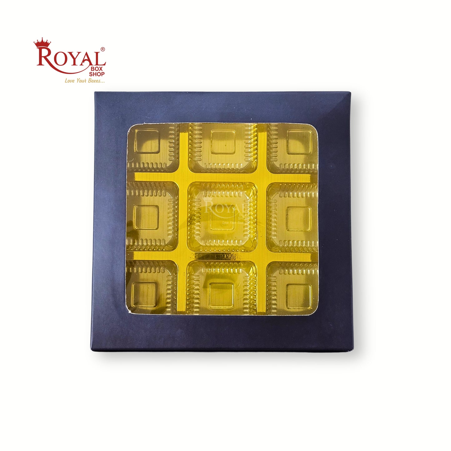 9 Cavity Chocolate Boxes | 5.75x5.75x 1 inches | Navy Blue | B2B