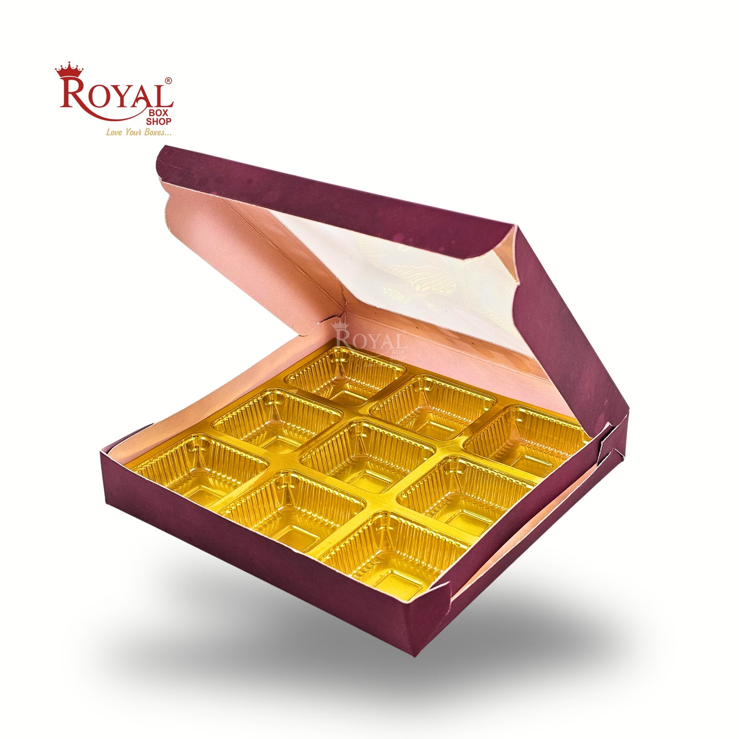9 Cavity Chocolate Boxes | 5.75x5.75x 1 inches | Maroon