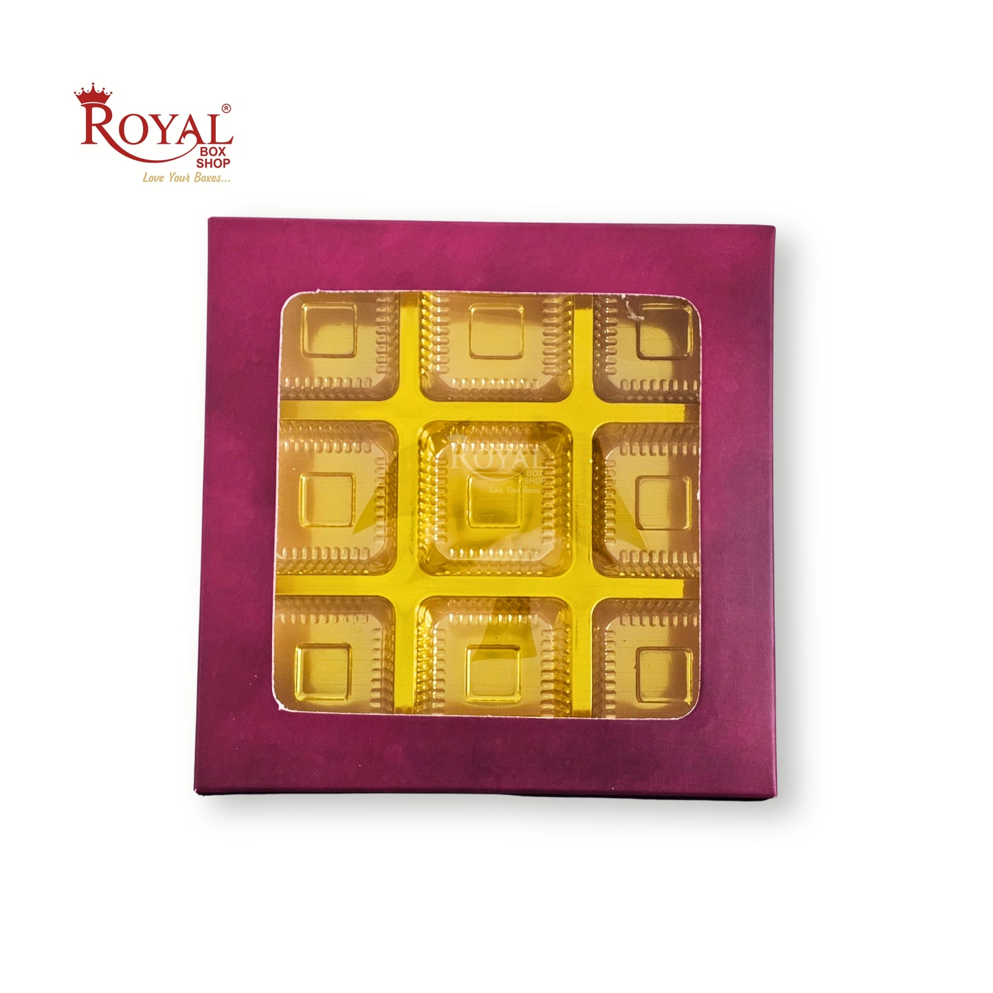 9 Cavity Chocolate Boxes | 5.75x5.75x 1 inches | Maroon