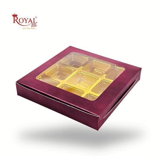 9 Cavity Chocolate Boxes | 5.75x5.75x 1 inches | Maroon