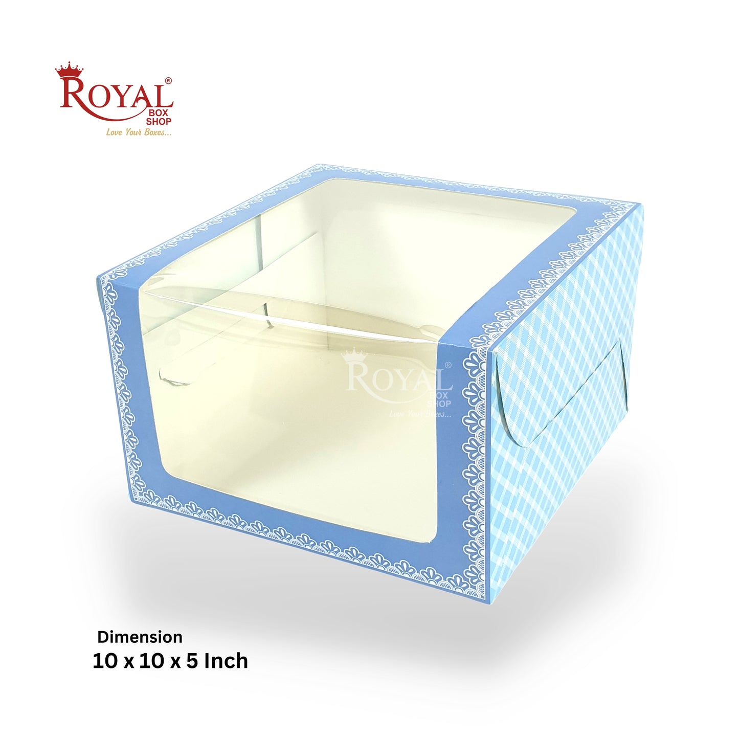 Cake Box with L-Shape Window I Blue Check I 10x10x5" Inch | Perfect for One Kg Cakes Cookies, Candies, & Room Hampers Royal Box Shop