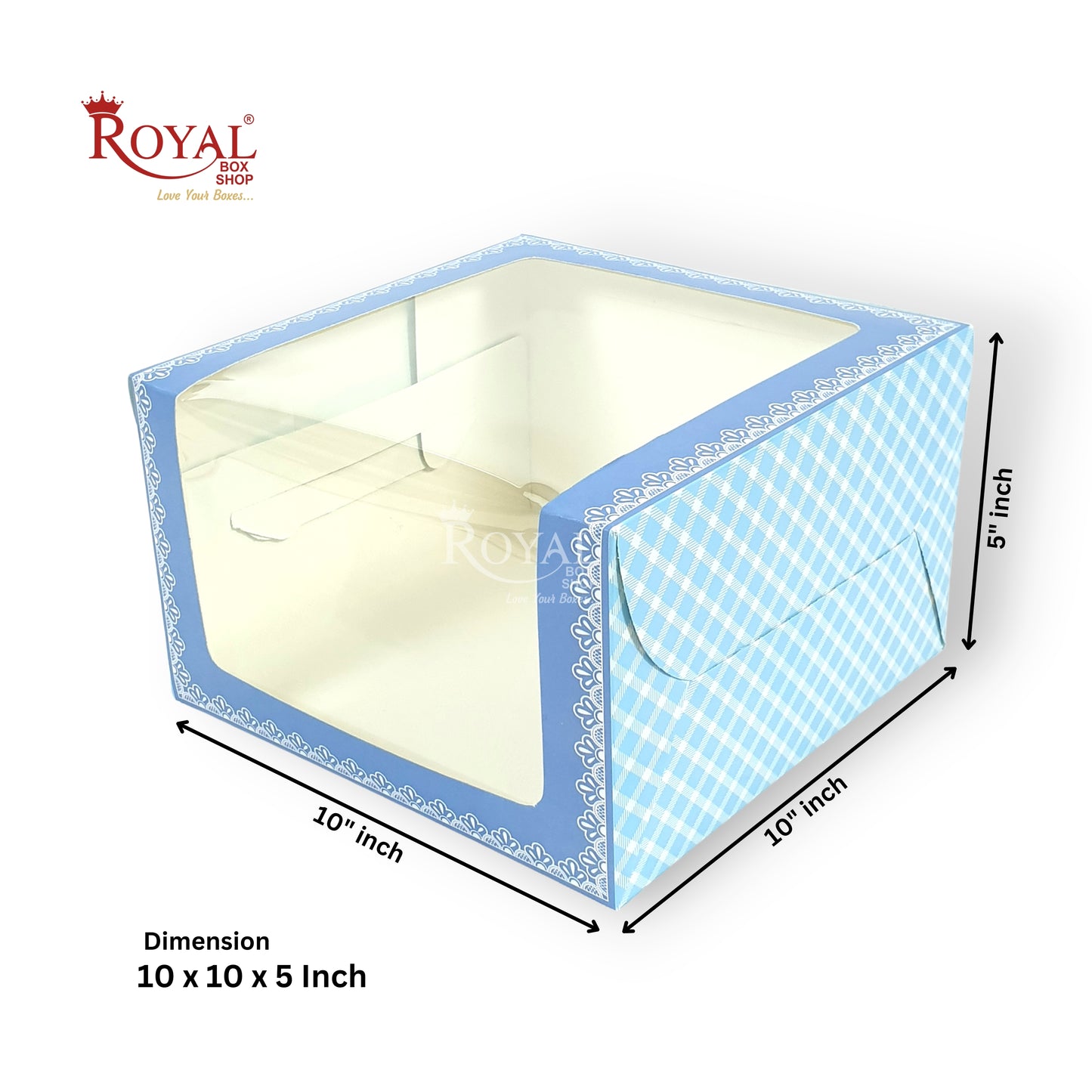 Cake Box with L-Shape Window I Blue Check I 10x10x5" Inch | Perfect for One Kg Cakes Cookies, Candies, & Room Hampers Royal Box Shop