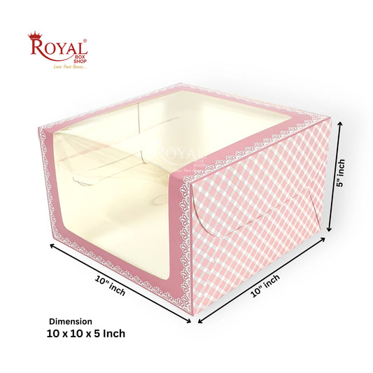Cake Box with L-Shape Window I Pink Check I 10x10x5" Inch | Perfect for One Kg Cakes Cookies, Candies, & Room Hampers Royal Box Shop