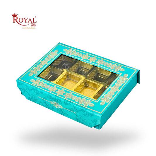 12 Cavity Rigid Chocolate Boxes With Window | Magnetic Flap | Blue with Gold Foiling | 7.5 X 5.5 X 1.5 Inch | Kappa Boxes
