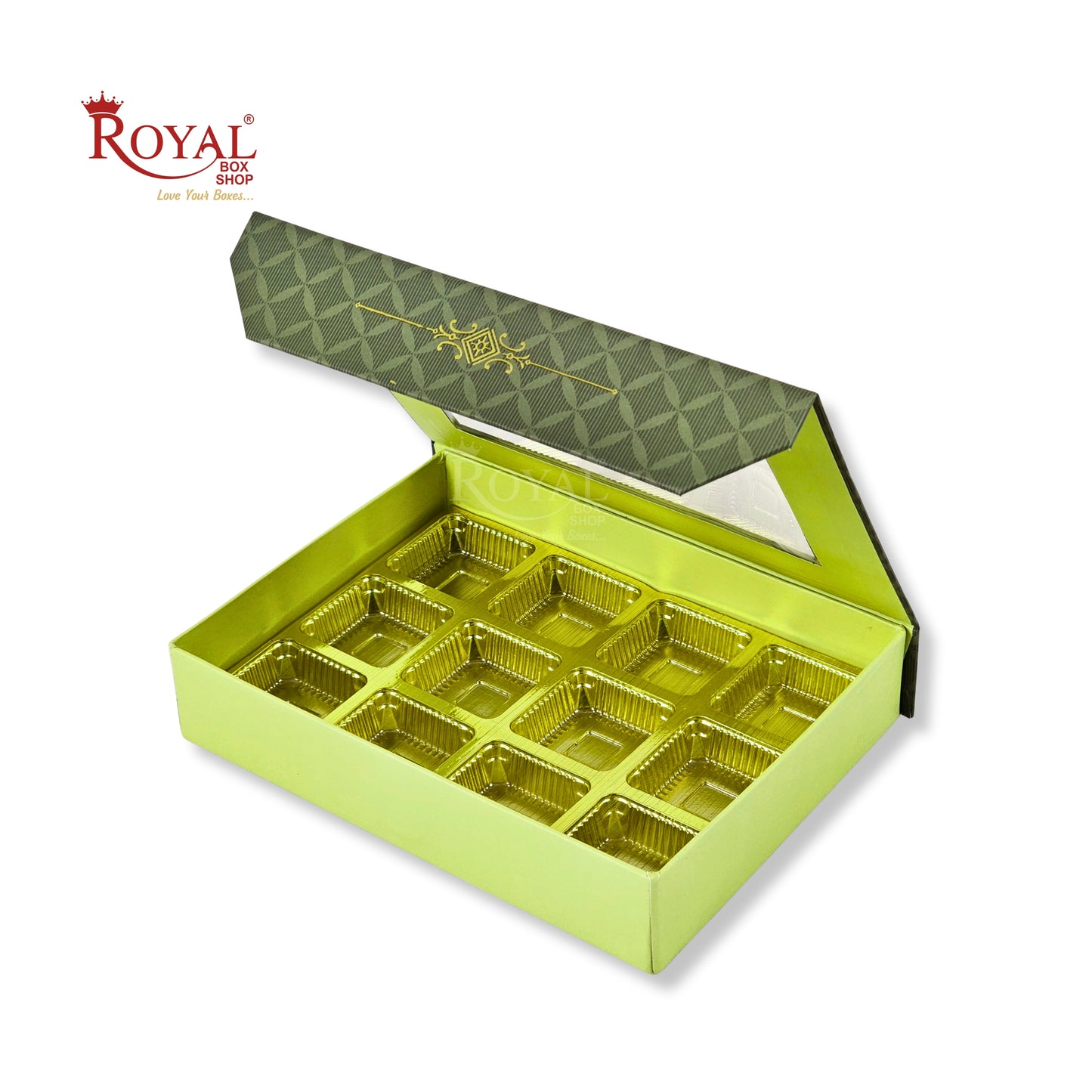 12 Cavity Rigid Chocolate Boxes With Window | Magnetic Flap | Green with Gold Foiling | 7.5 X 5.5 X 1.5 Inch | Kappa Boxes