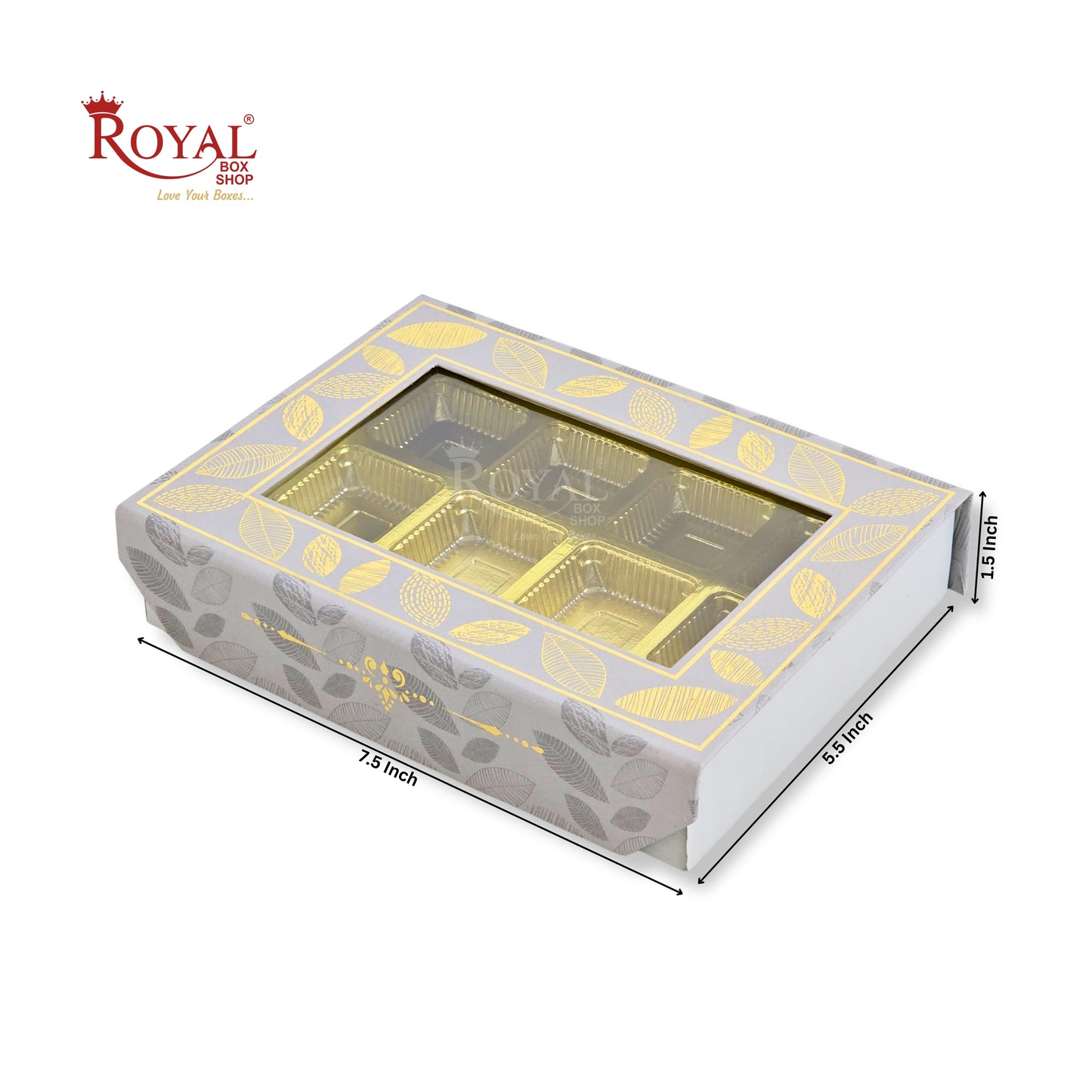 12 Cavity Rigid Chocolate Boxes With Window | Magnetic Flap | Grey with Gold Foiling | 7.5 X 5.5 X 1.5 Inch | Kappa Boxes