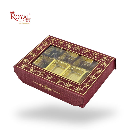 12 Cavity Rigid Chocolate Boxes With Window | Magnetic Flap | Maroon with Gold Foiling | 7.5 X 5.5 X 1.5 Inch | Kappa Boxes