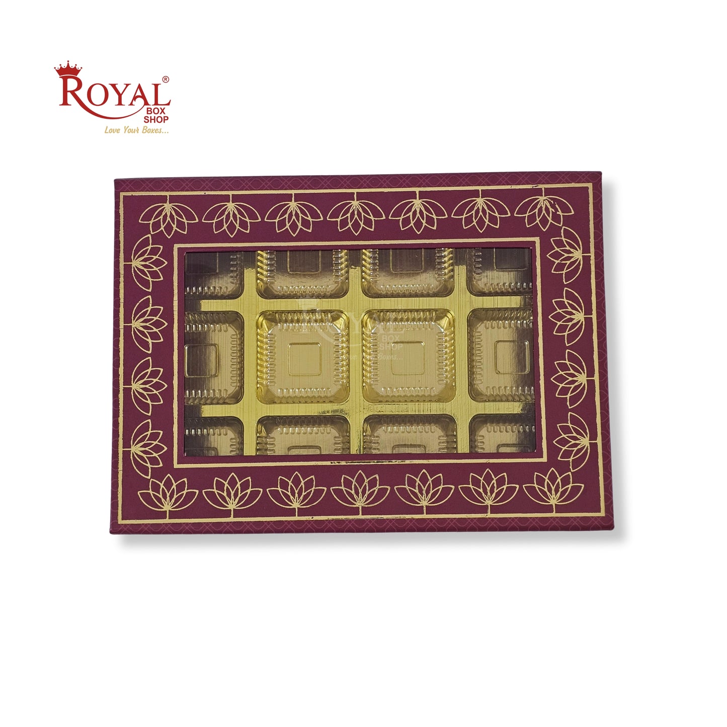 12 Cavity Rigid Chocolate Boxes With Window | Magnetic Flap | Maroon with Gold Foiling | 7.5 X 5.5 X 1.5 Inch | Kappa Boxes