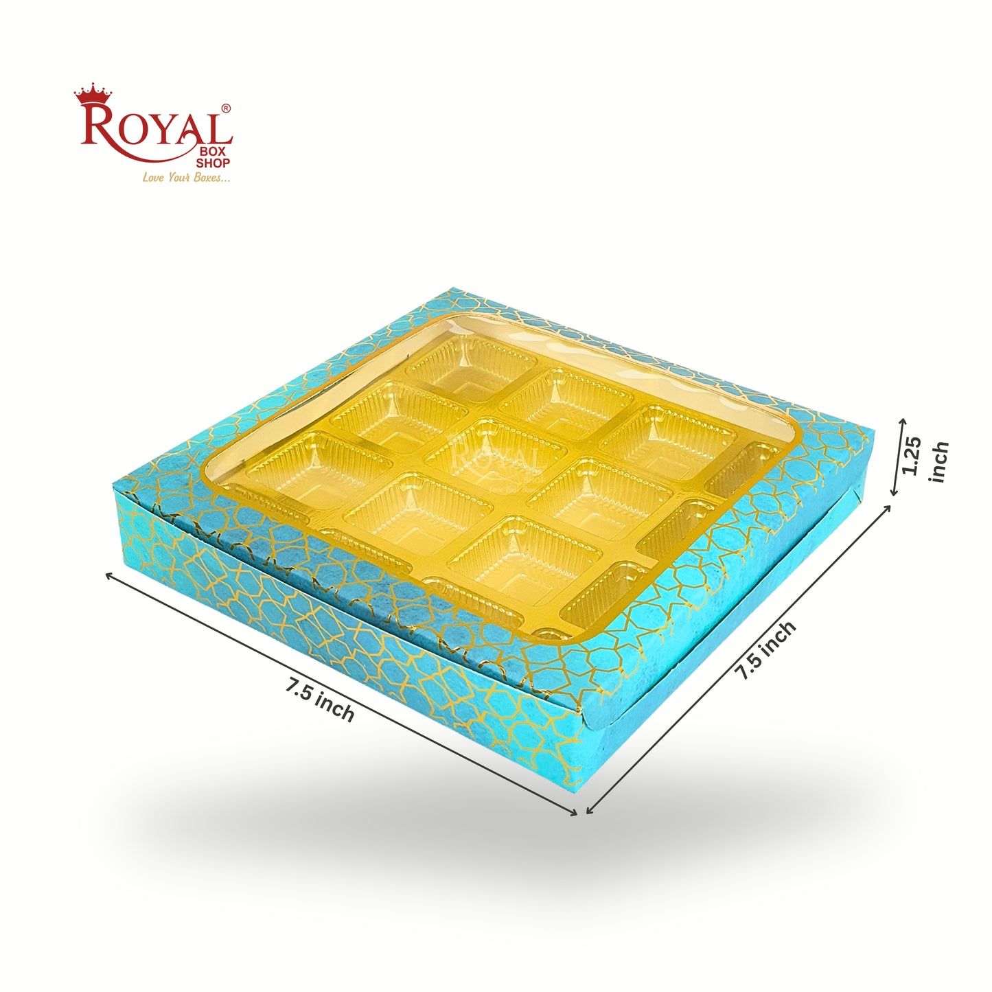 16 Cavity Chocolate Box | 7.5x7.5x1.25 inch | Turquoise With Golden Foiling