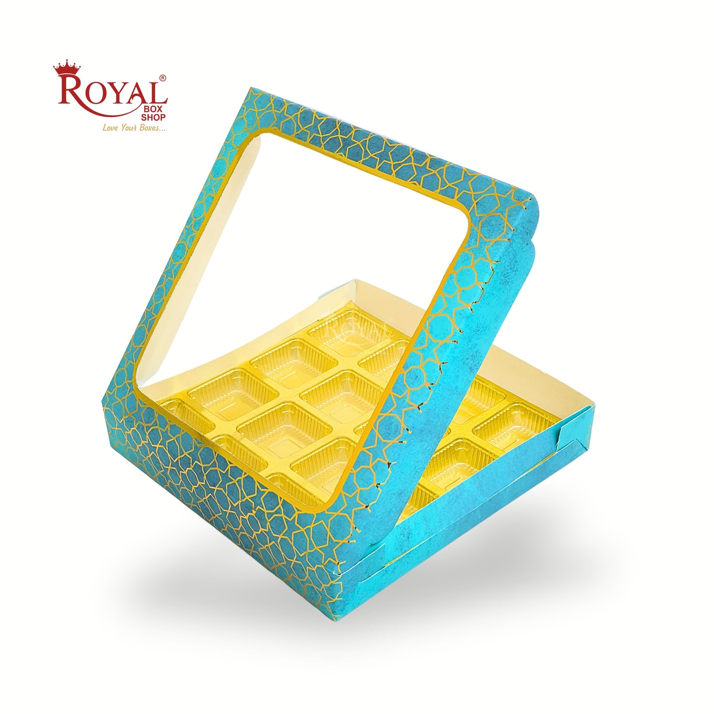 16 Cavity Chocolate Box | 7.5x7.5x1.25 inch | Turquoise With Golden Foiling