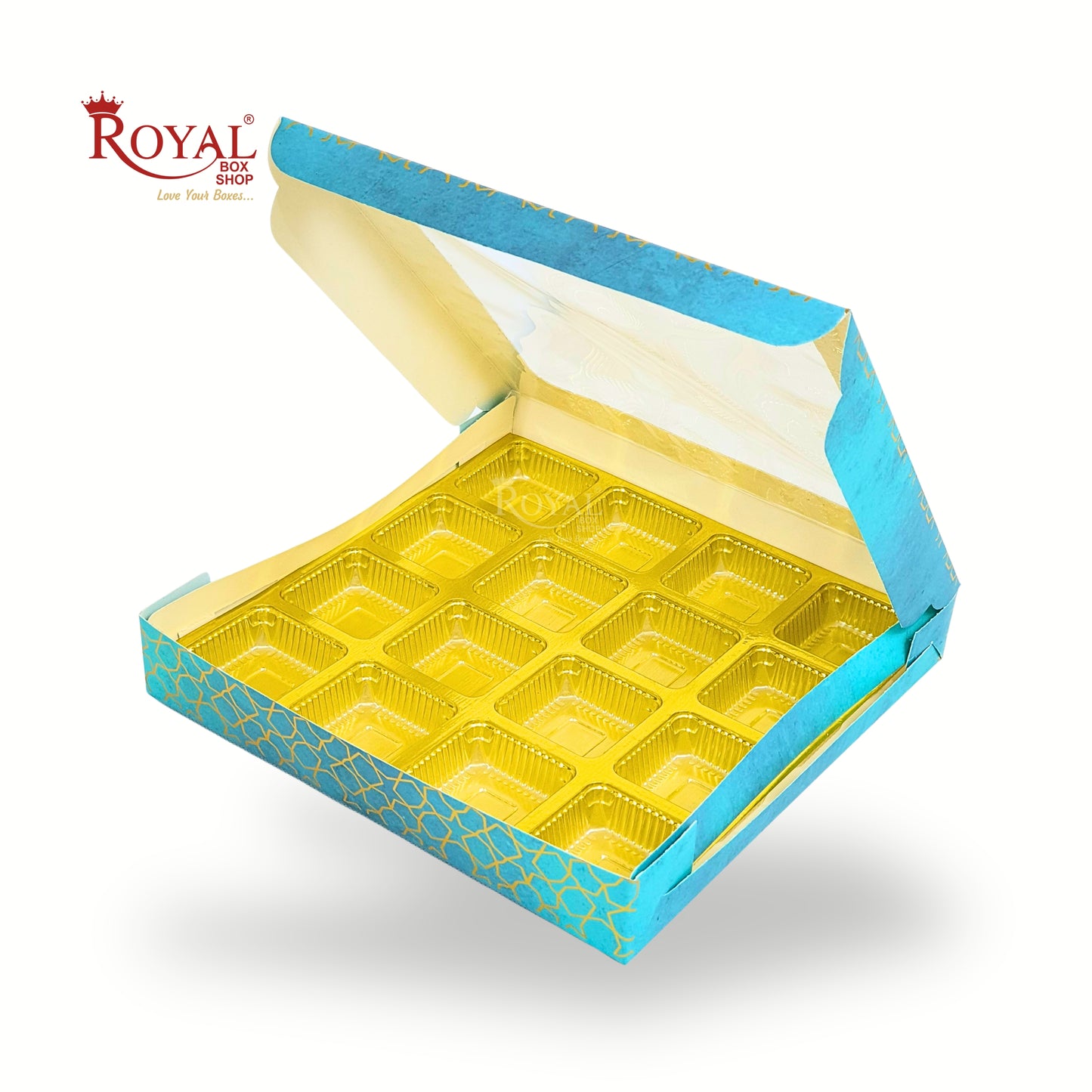 16 Cavity Chocolate Box | 7.5x7.5x1.25 inch | Turquoise With Golden Foiling