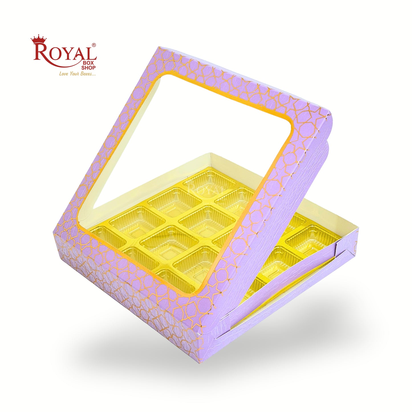 16 Cavity Chocolate Box | 7.5x7.5x1.25 inch | Purple With Golden Foiling