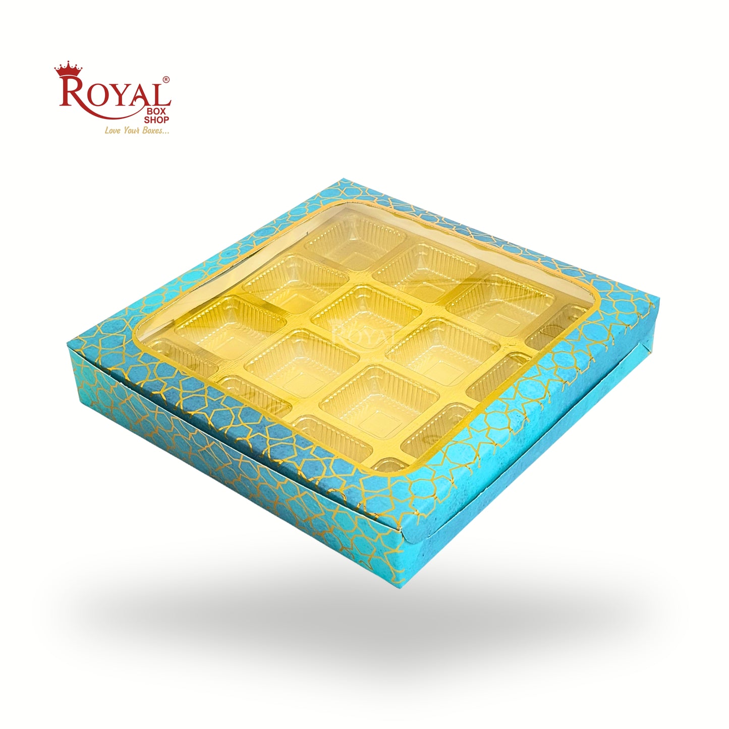 16 Cavity Chocolate Box | 7.5x7.5x1.25 inch | Turquoise With Golden Foiling