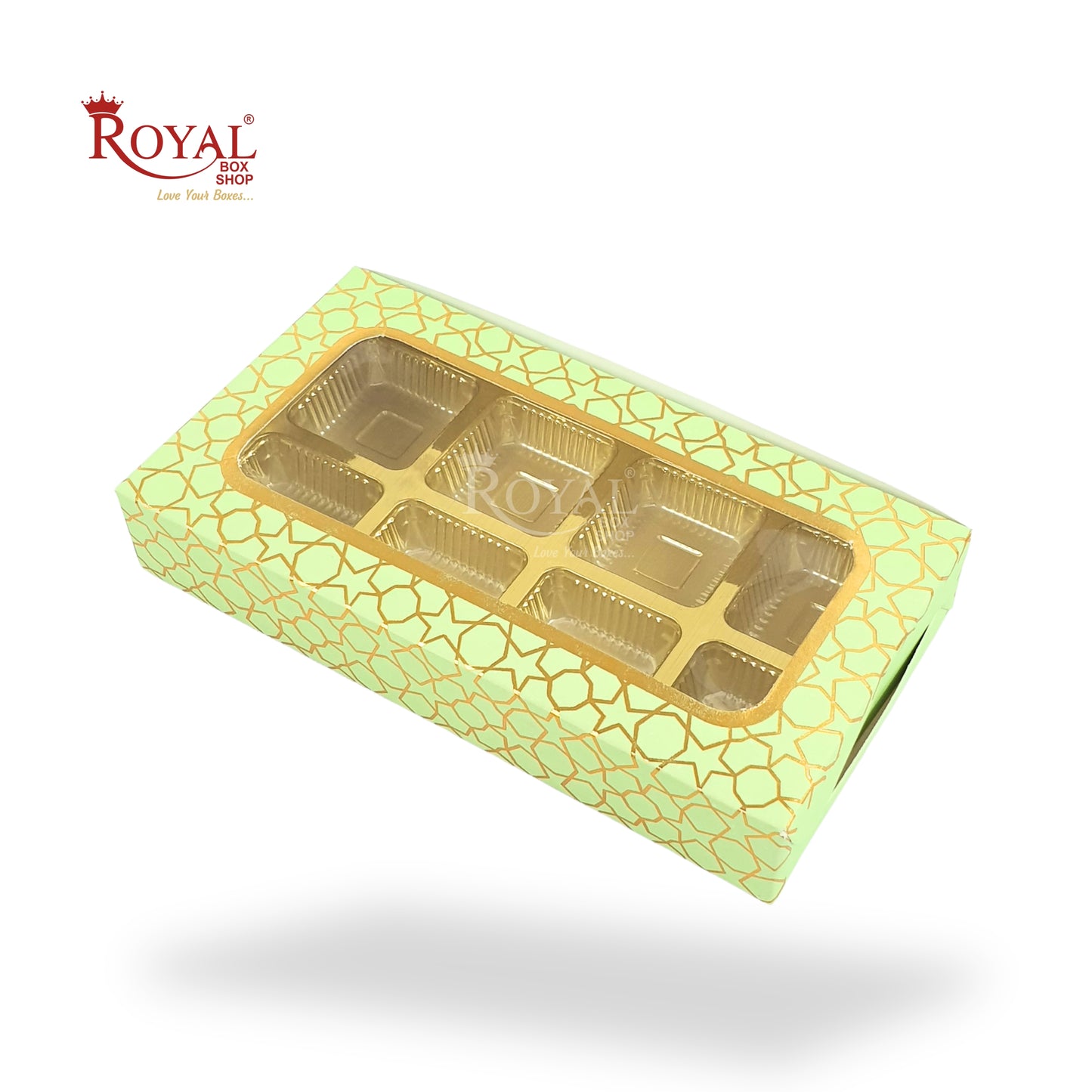 8 Cavity Chocolate Boxes I 7.5 x 4 x 1.25 inches I Green With Golden Foiling