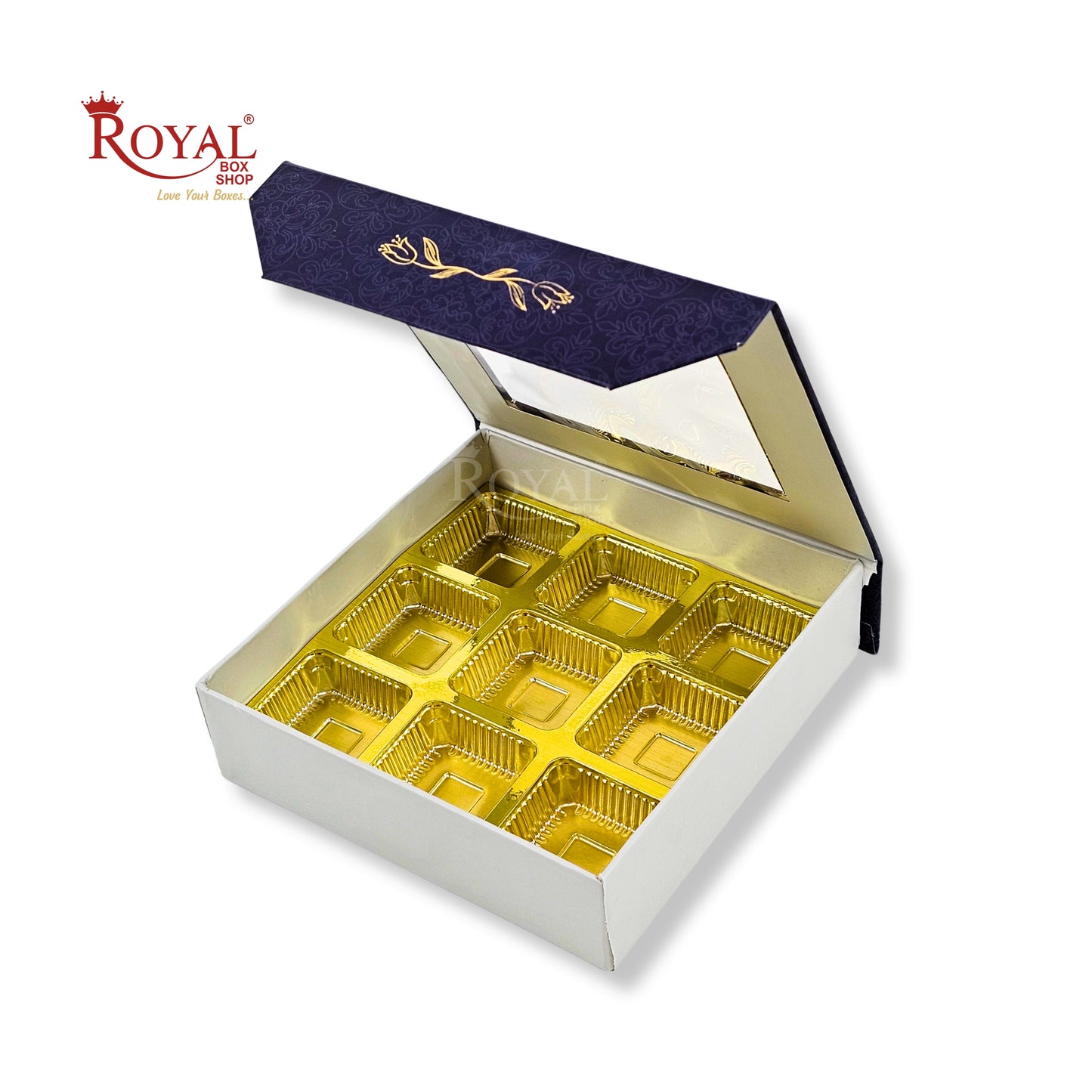 9 Cavity Rigid Chocolate Box With Window | Magnetic Flap | Blue with Gold Foiling | 5.5x5.5x1.5 Inch