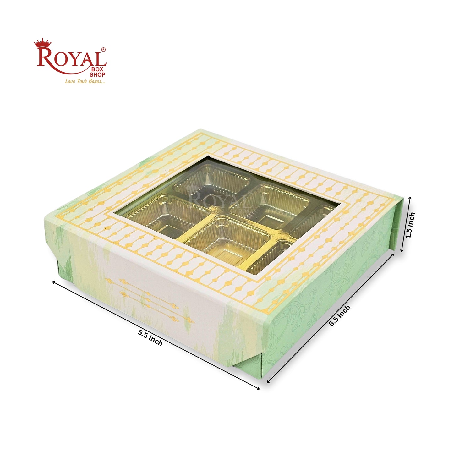 9 Cavity Rigid Chocolate Box With Window | Magnetic Flap | Green with Gold Foiling | 5.5x5.5x1.5 Inch