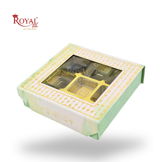 9 Cavity Rigid Chocolate Box With Window | Magnetic Flap | Green with Gold Foiling | 5.5x5.5x1.5 Inch