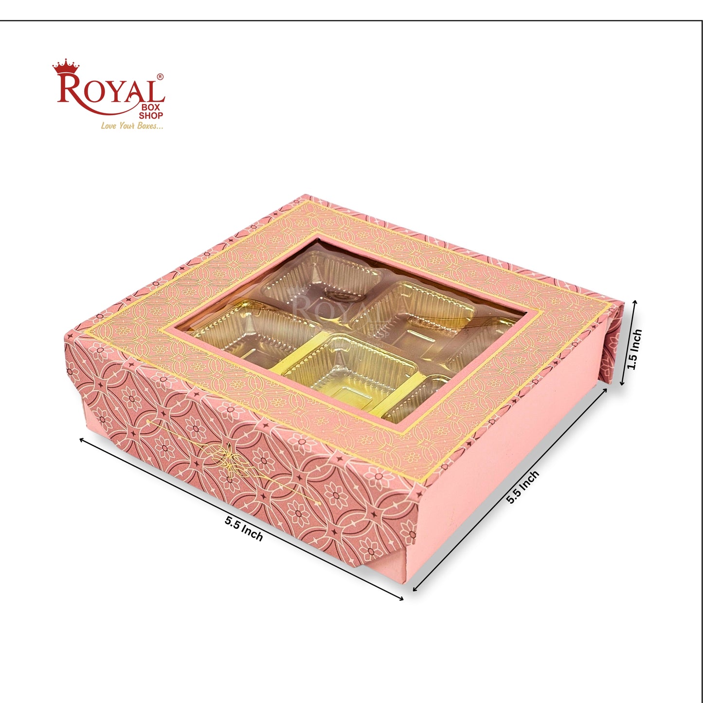 9 Cavity Rigid Chocolate Box With Window | Magnetic Flap | Peach with Gold Foiling | 5.5x5.5x1.5 Inch