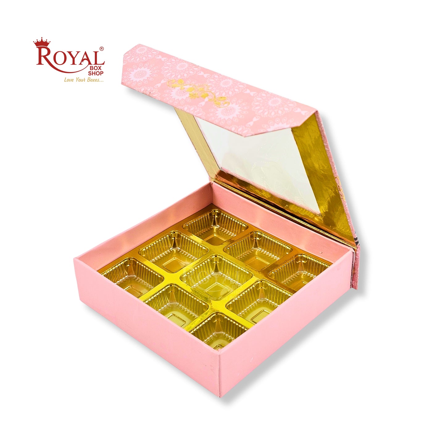 9 Cavity Rigid Chocolate Box With Window | Magnetic Flap | Pink with Gold Foiling | 5.5x5.5x1.5 Inch