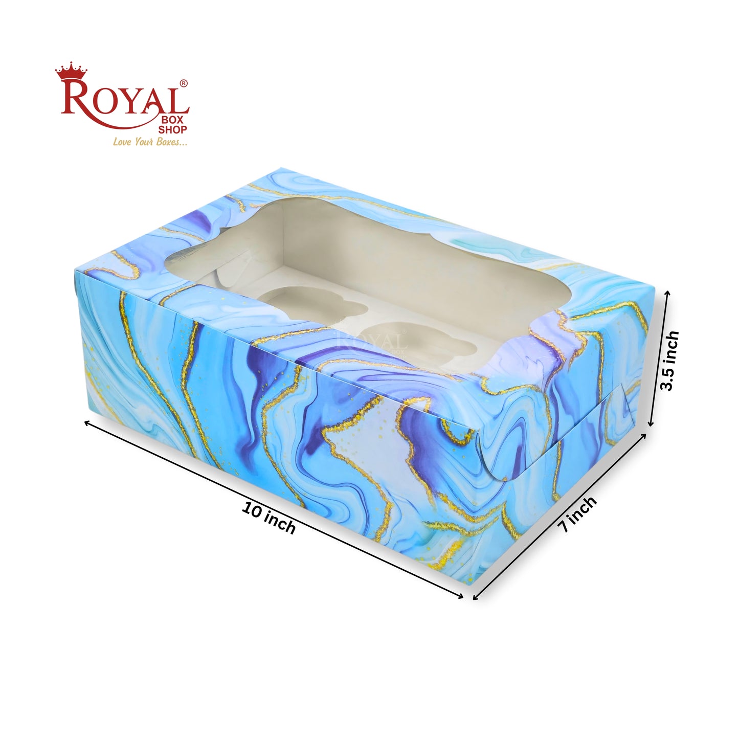 6pc Cupcake Box With Window | 10x7x3.5 Inch | Blue Marble Print | FBB
