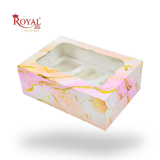 6pc Cupcake Box With Window | 10x7x3.5 Inch | Pink Marble Print | FBB