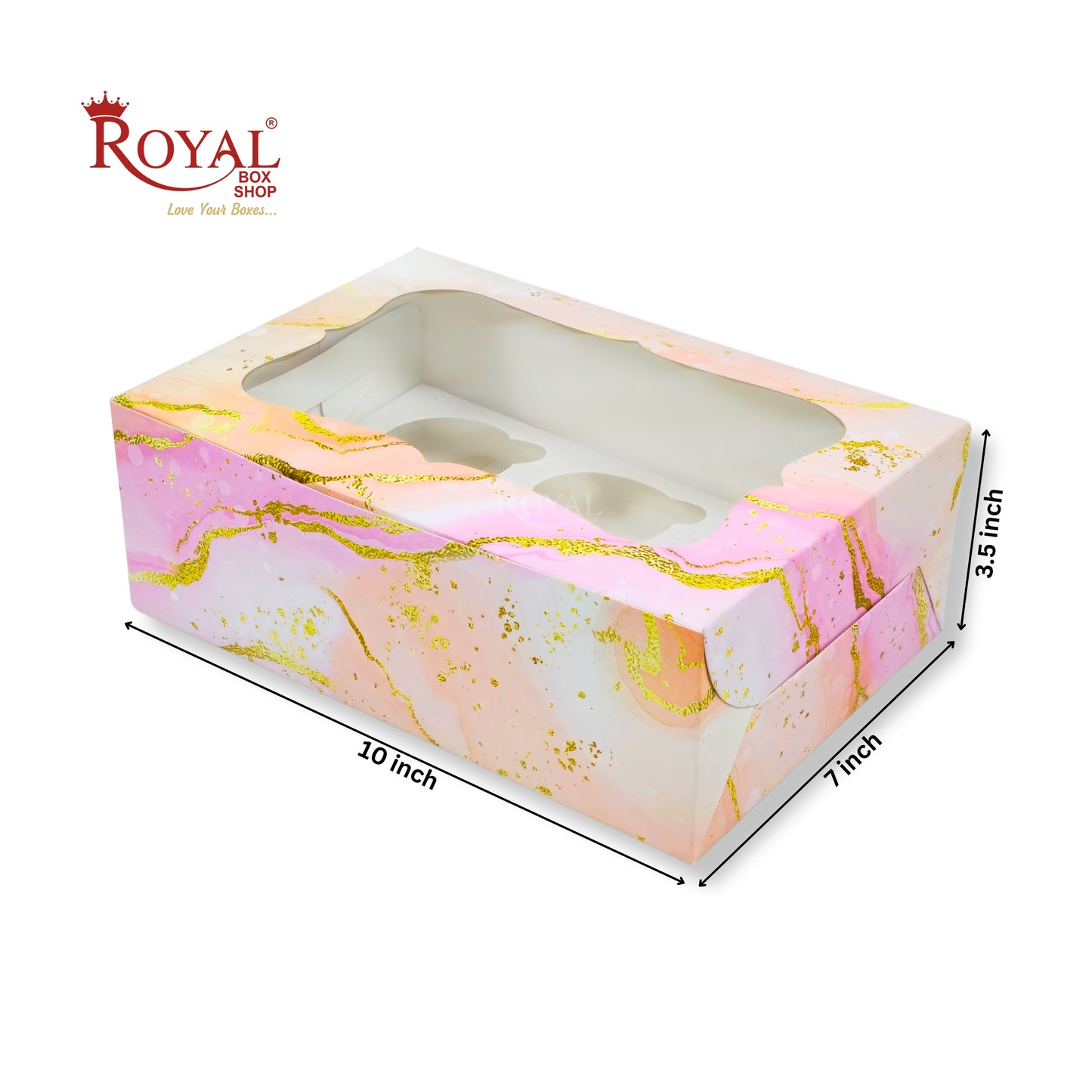 6pc Cupcake Box With Window | 10x7x3.5 Inch | Pink Marble Print | FBB